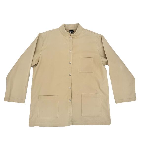 Eileen Fisher L Brushed Stretch Cotton Twill Stand Collar Barn Shacket STAINS - Picture 5 of 14